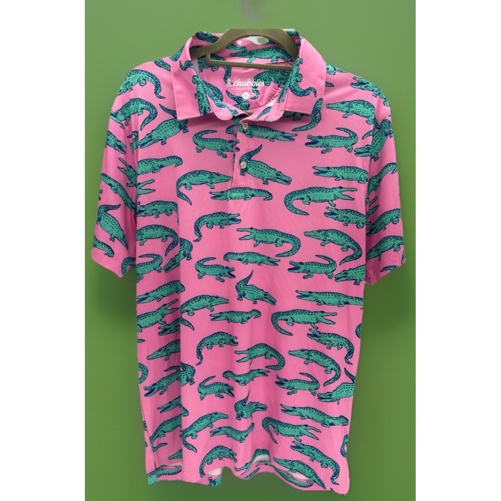 Chubbies Polo Shirt Mens M Pink Green Crocodile Print Short Sleeve
